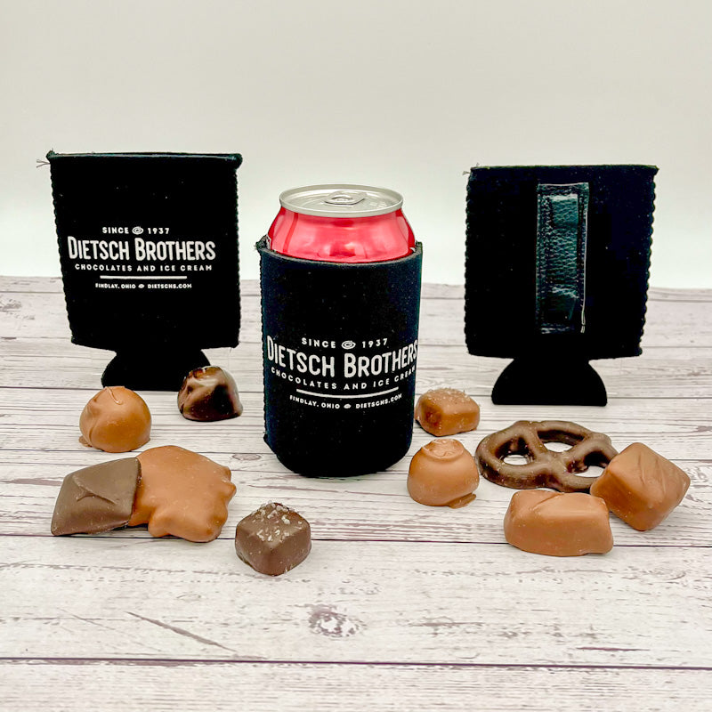 Magnetic black koozie with white Dietsch Brothers logo