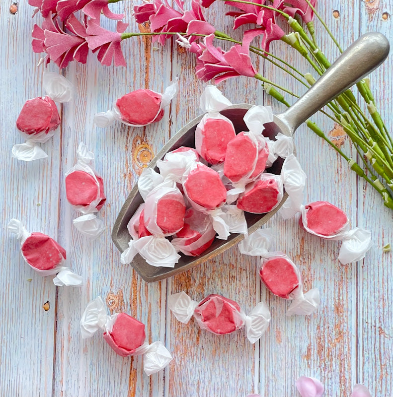 Cherry flavored taffy that is a solid red color