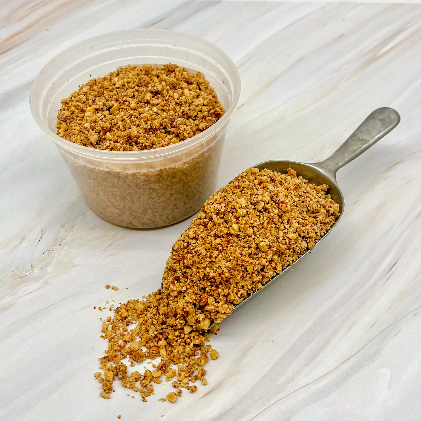 Half pound container of finely crushed nuts