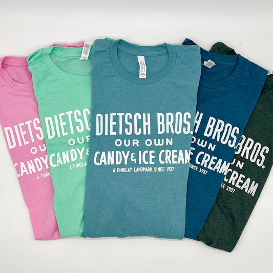 Bubble Gum, Mint Green, Blue Lagoon, Deep Teal, Forest Green T-shirts with white Dietsch Brothers logo