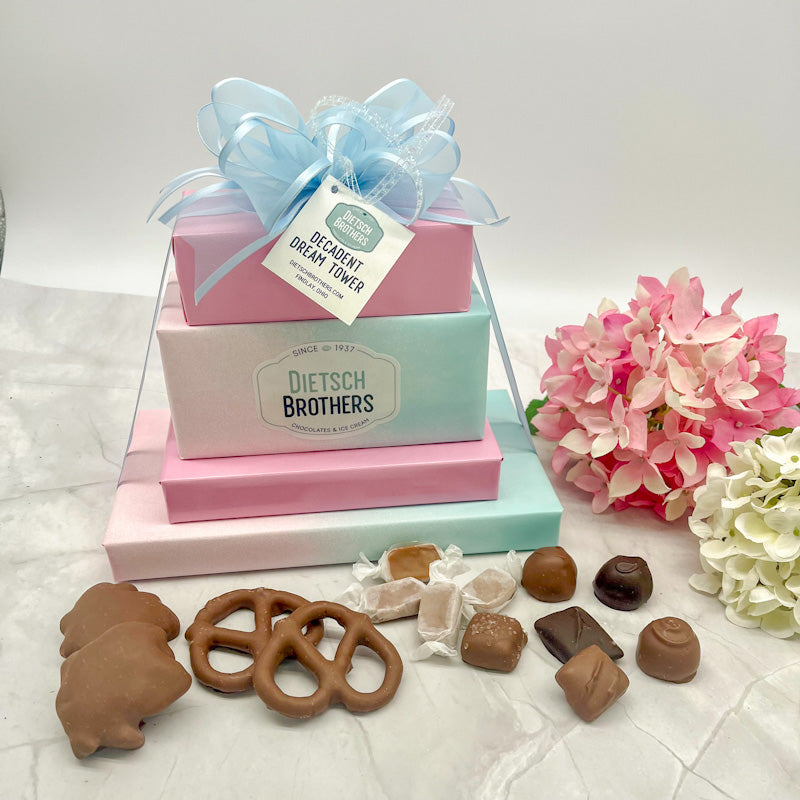 Four layered tower of assorted treats wrapped in blue and pink ombre paper and solid pink wrapping paper and tied with a blue bow.