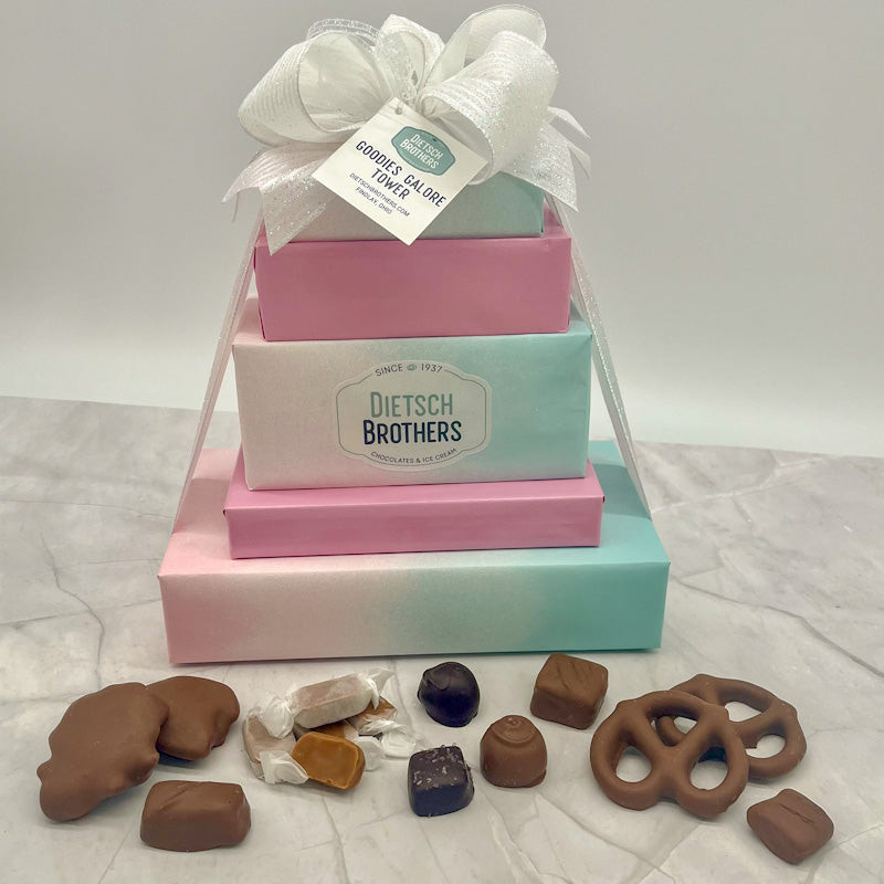 Five layered tower of assorted treats wrapped in ombre blue and pink paper as well as solid pink paper and tied together with a white bow.