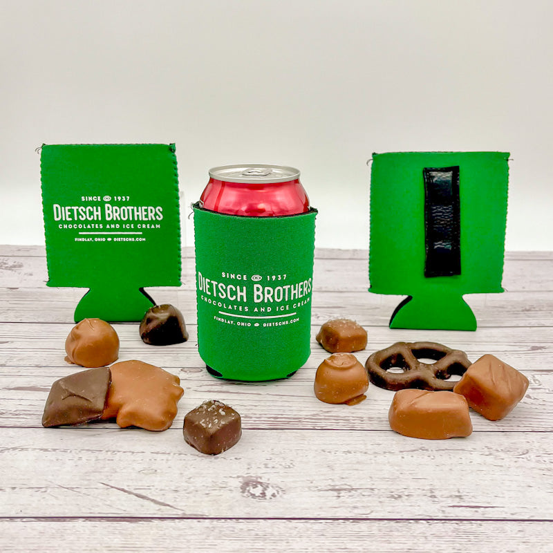 Magnetic green koozie with white Dietsch Brothers logo