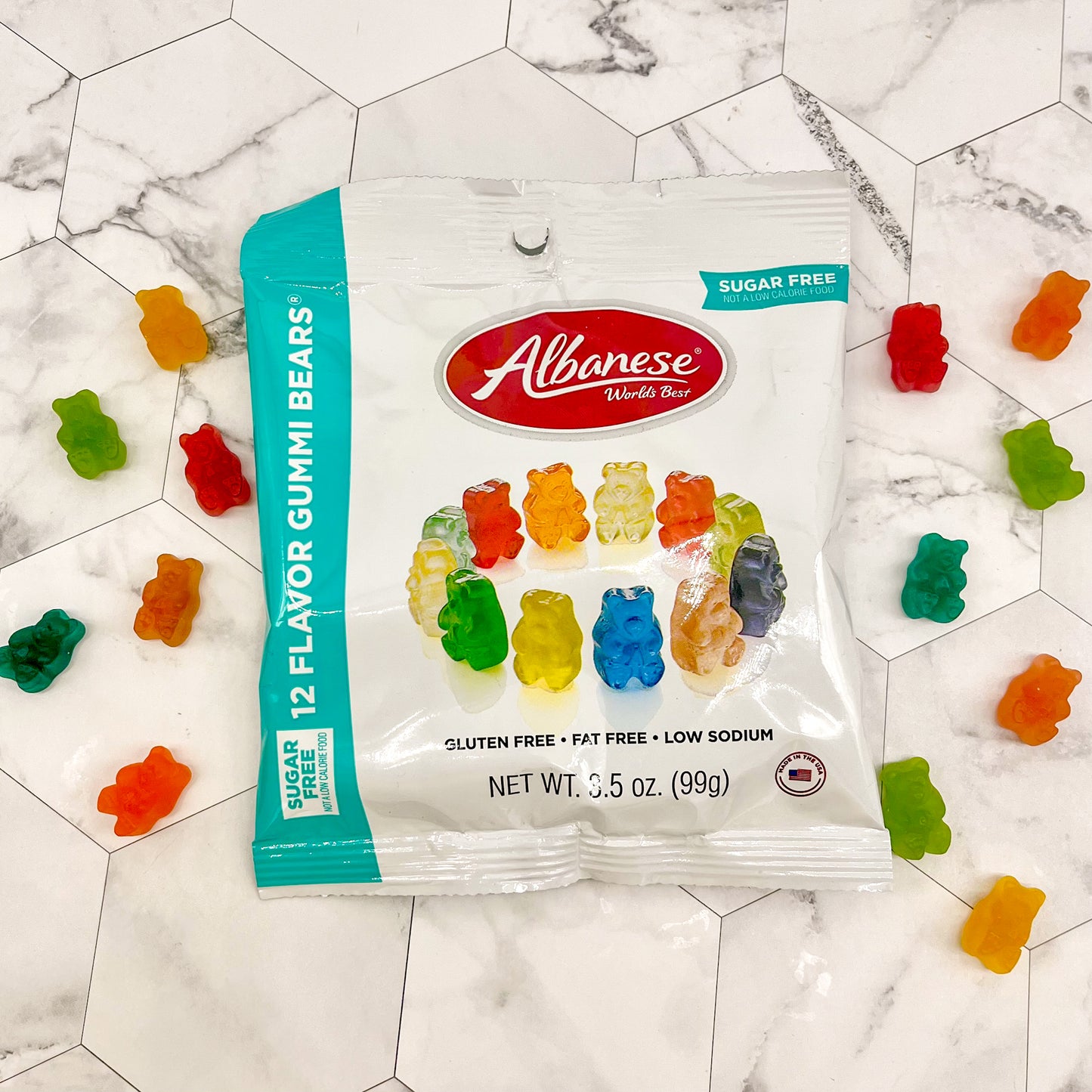 Sugar free bag of 12 flavor gummi bears with multiple colors mixed throughout