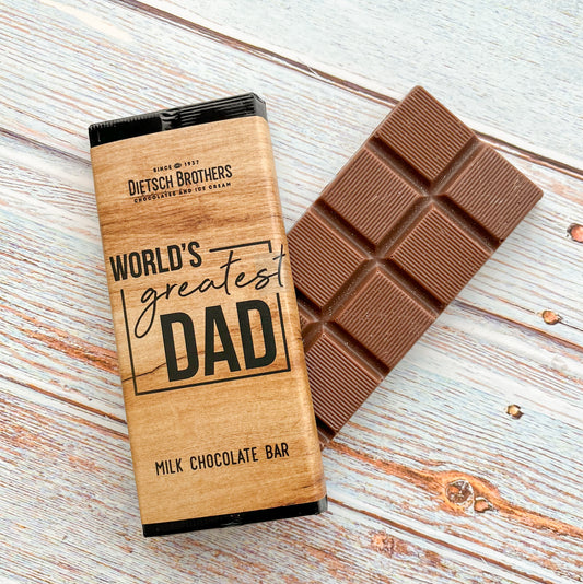 Milk chocolate bar wrapped in "WORLD'S greatest DAD" wrapper