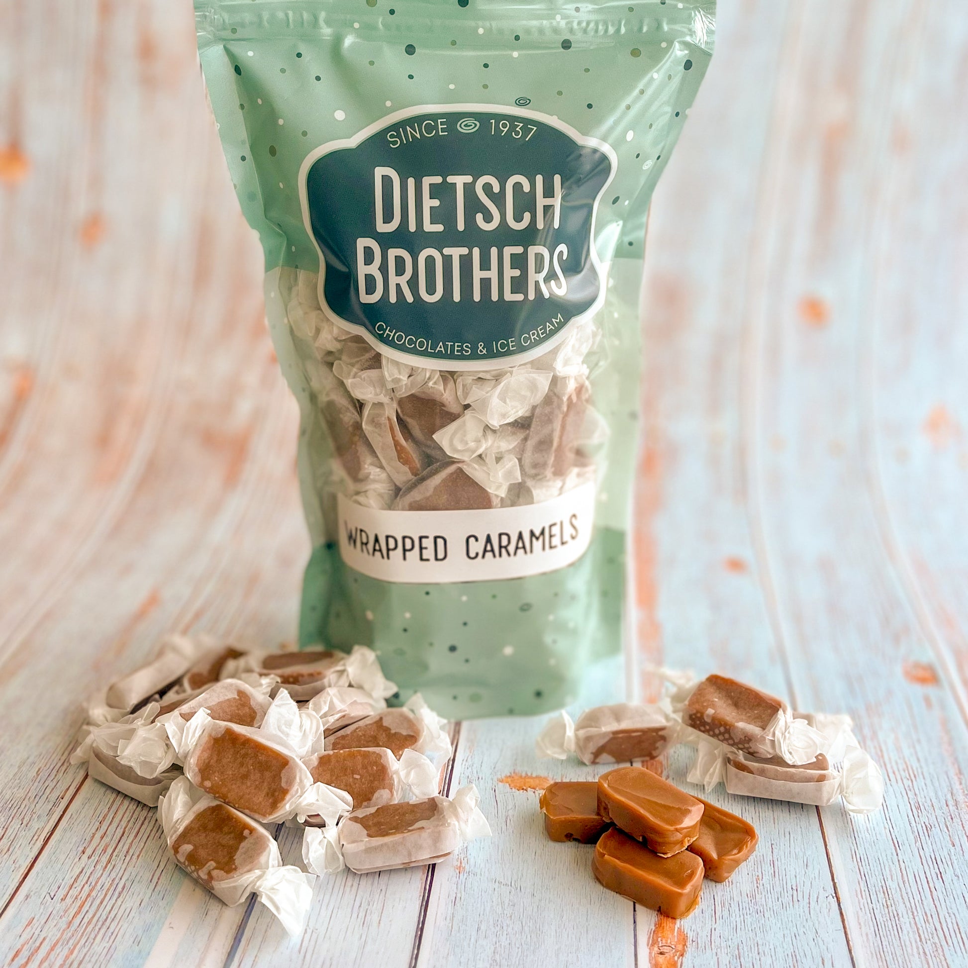 Individually wrapped caramels with one pound speckled blue bag featuring the Dietsch Brothers logo