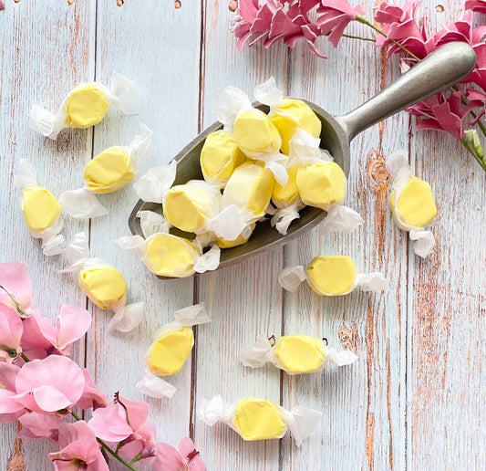 Banana flavored taffy with a solid yellow color.