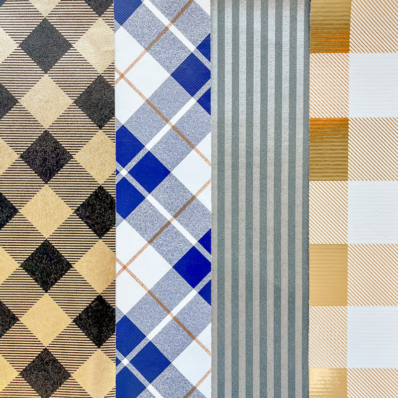 Assortment of corporate wrapping papers with checkered, striped and plaid designs 
