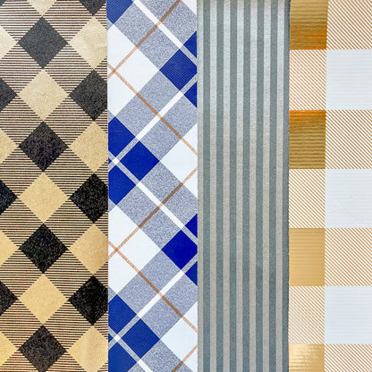 Assortment of corporate wrapping papers with checkered, striped and plaid designs 
