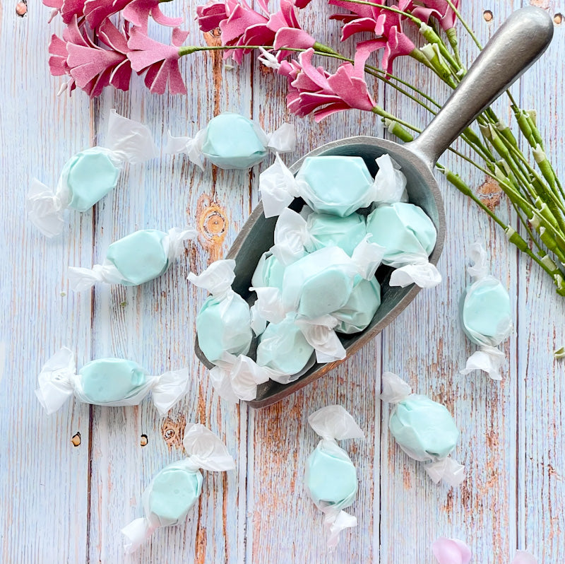 Cotton candy flavored taffy with a light blue color