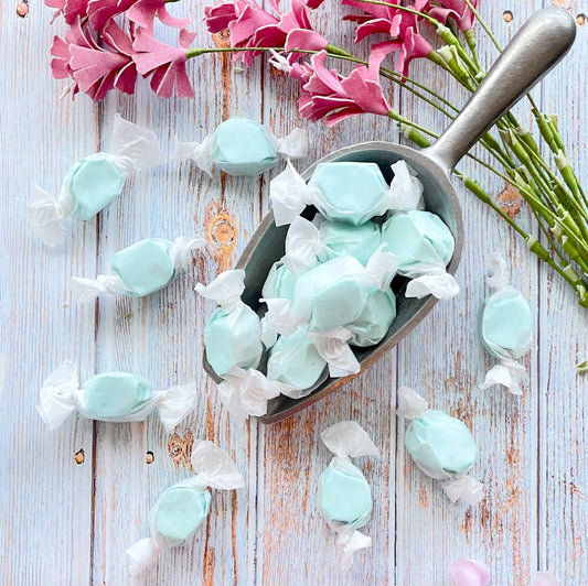 Cotton candy flavored taffy with a light blue color