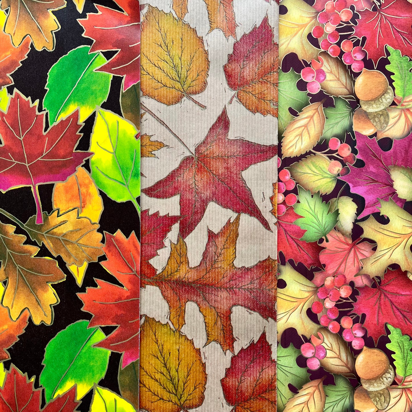 Three types of fall gift wrap with leaves, berries and acorns
