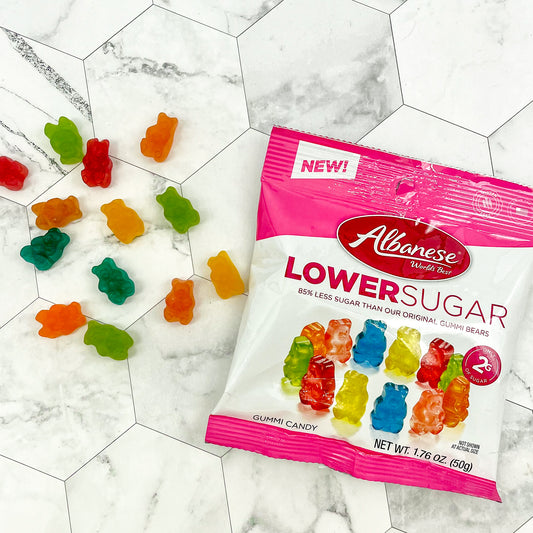 Lower sugar bag of gummi bears with multiple colors mixed throughout