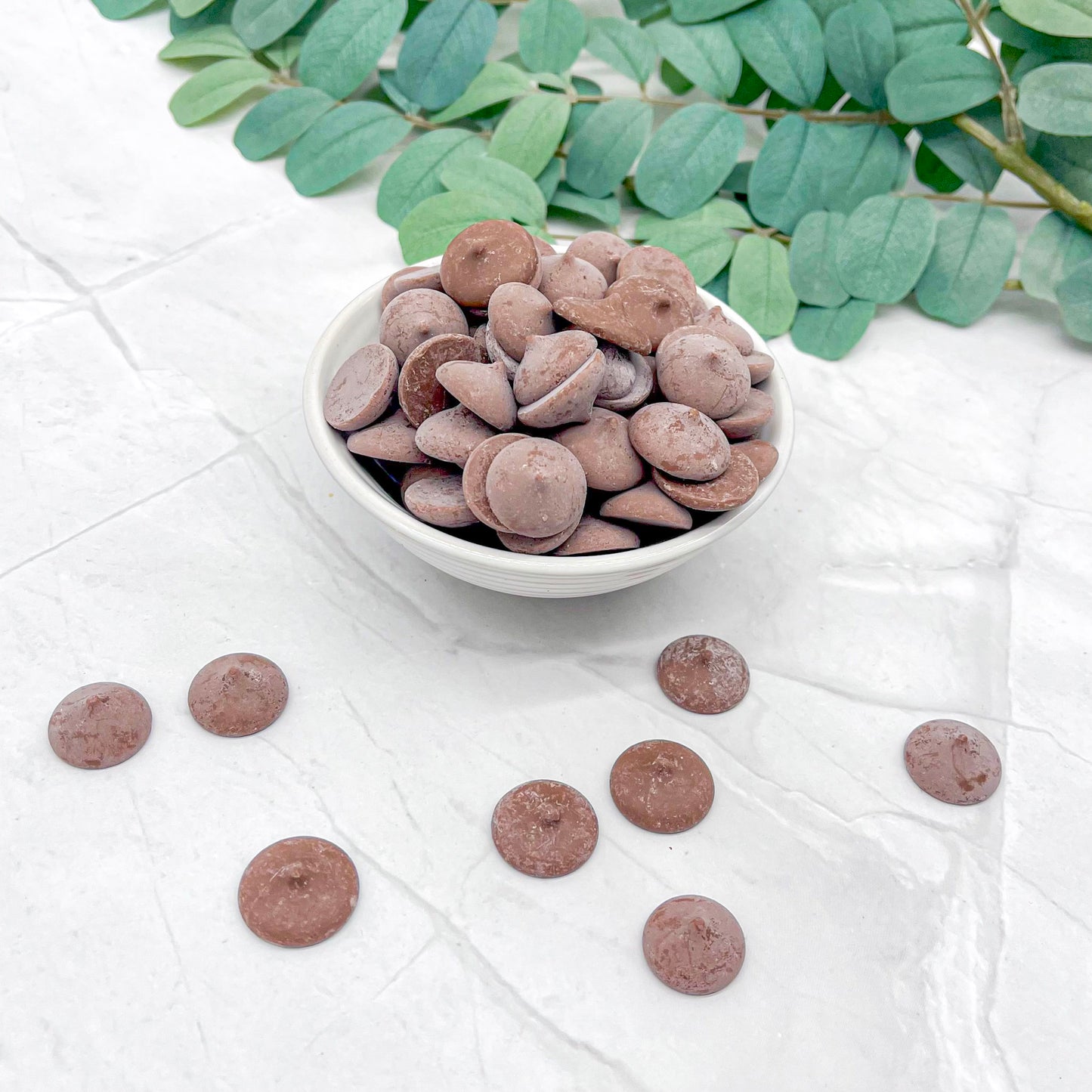 Bowl of chocolate discs with scattered buttons on a white surface with green leaves in the background