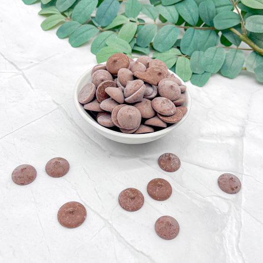 Bowl of chocolate discs with scattered buttons on a white surface with green leaves in the background
