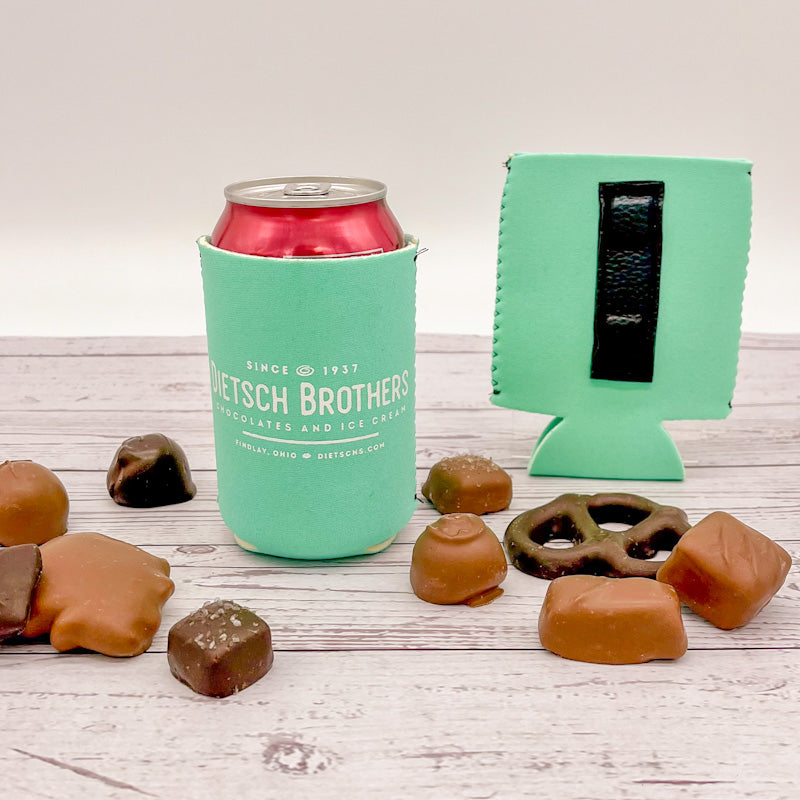 Magnetic mint green koozie with white Dietsch Brothers logo