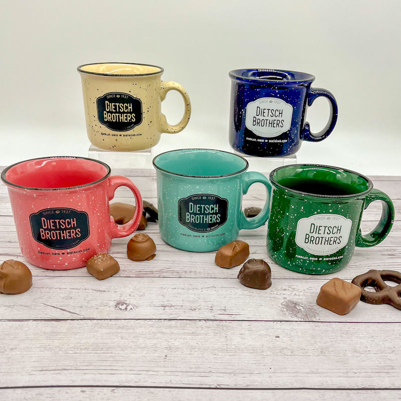 Assorted colors of mugs with Dietsch Brothers logo