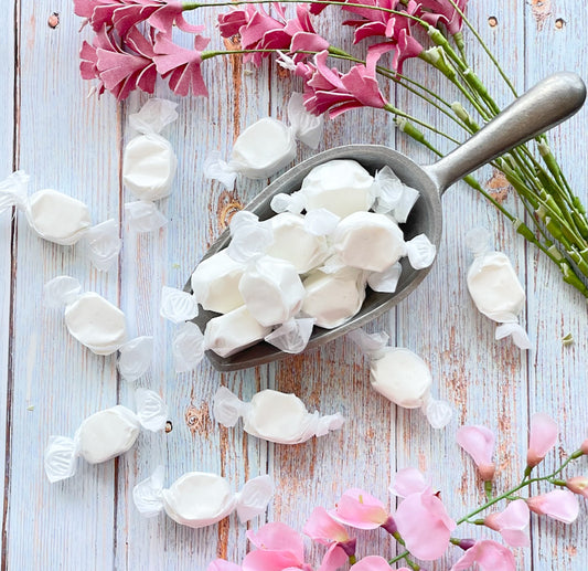Vanilla flavored taffy that is all white in color