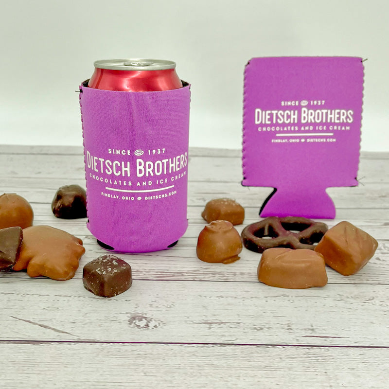 Magnetic violet koozie with white Dietsch Brothers logo