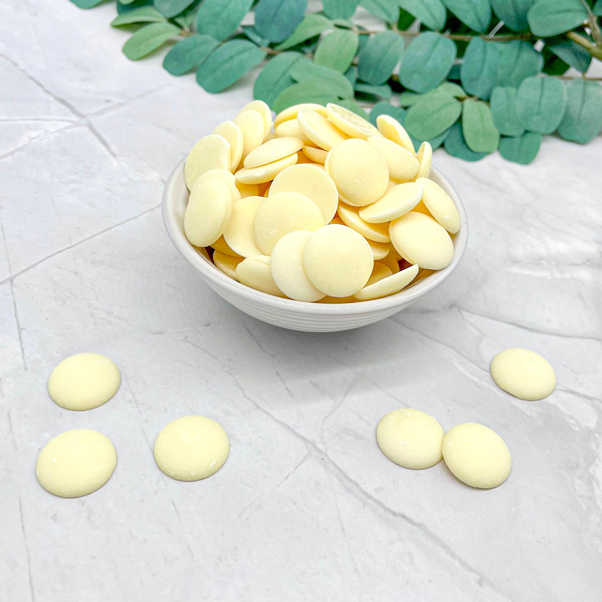 White confectionary discs in a bowl on a light gray surface with green leaves in the background