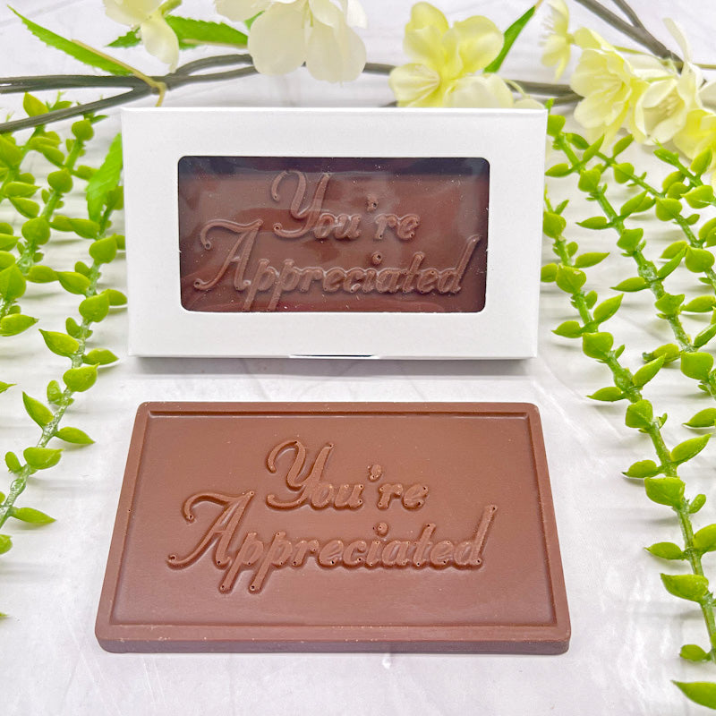 Milk chocolate bar that features raised text "You're Appreciated" across it