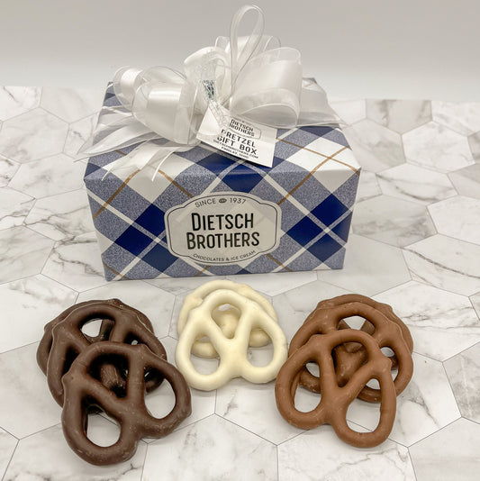 Gift box of approximately 24 chocolate covered pretzels.